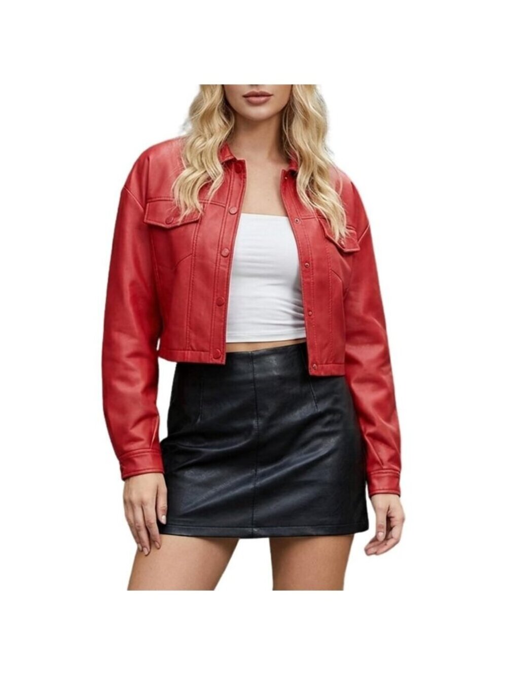 Women Faux Leather Cropped Jacket Trendy Moto Biker Short Jacket PU Jacket Red